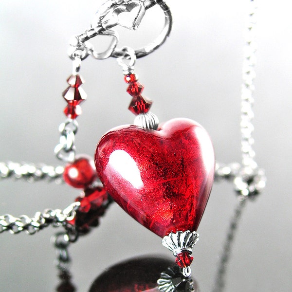 Ruby Red Heart Pendant Necklace, Sterling Silver, Venetian Murano Glass Necklace, Swarovski Crystal, Valentines Day Gift Jewelry