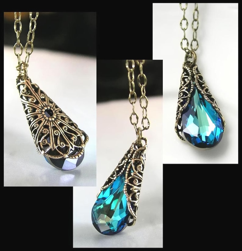 Ocean Blue Crystal Teardrop Necklace, RARE Swarovski Crystal, Aqua Peacock Blue Pendant, Antique Gold Filigree, Victorian Style Jewelry image 3