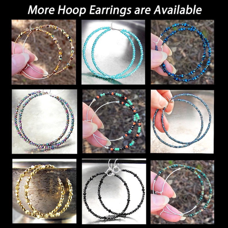 May include: Nine pairs of hoop earrings with different colored beads. The earrings are made with silver wire and have a variety of colors, including gold, blue, green, black, and turquoise.
