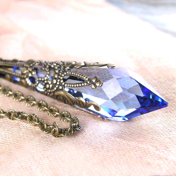 Sapphire Blue Necklace, RARE Swarovski Crystal Pendant Prism, Antique Gold, Gift for Her, Victorian Vintage Style, September Birthstone