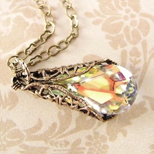 Clear Aurora Borealis Teardrop Necklace, RARE Swarovski Crystal Pendant, Antique Gold Chain & Filigree, Vintage Style Victorian Jewelry image 1