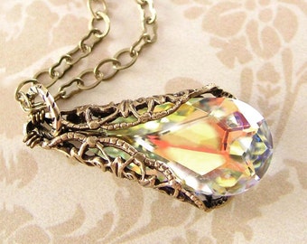 Clear Aurora Borealis Teardrop Necklace, RARE Swarovski Crystal Pendant, Antique Gold Chain & Filigree, Vintage Style Victorian Jewelry