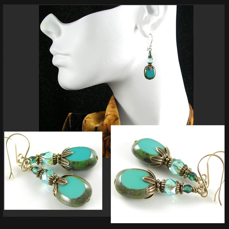 Turquoise Blue Bohemian Glass Earrings, Vintage Style Blue Bead Dangle Drop Earrings, Antique Gold Artisan Handmade Glass Jewelry image 5