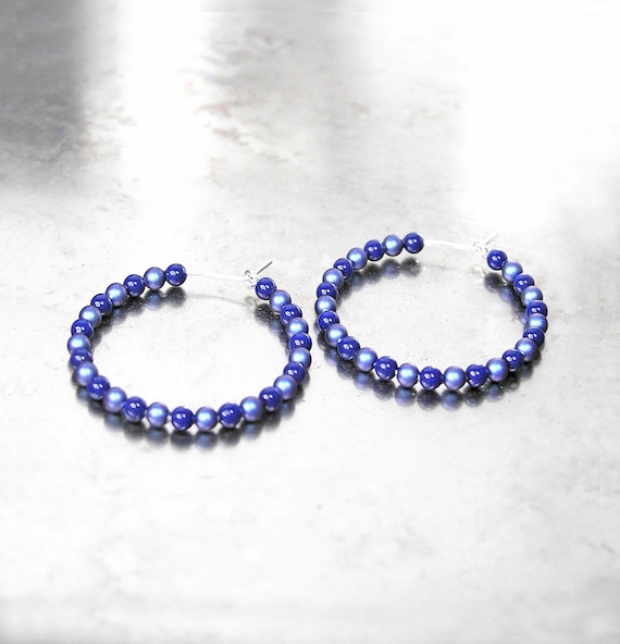 Blue Swarovski Crystal Pearl Hoop Earrings • Sterling Silver Wire • Dainty Iridescent Beaded Hoops • Elegant Gift for Her