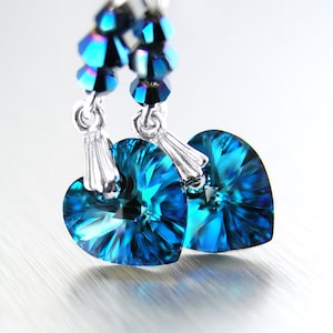 Tiny Ocean Blue Heart Drop Dangle Earrings, Sterling Silver, RARE Swarovski Crystal Charm, Mother's Day Valentine's Day Gift