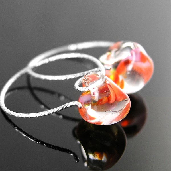 Pink Orange Drop Earrings, Sterling Silver Earrings, Orange Hoop Earrings, Dainty Orange Earrings, Silver Hoops, Artisan Glass Jewelry