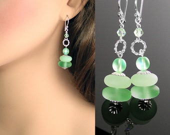 Peridot Green Sea Glass Drop Earrings, Sterling Silver, Frosted Tumbled Green Dangle Earrings, Artisan Glass Beach Jewelry