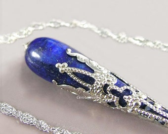 Blue Lapis Lazuli Pendant Necklace, Sterling Silver, Dark Cobalt Blue Gemstone Drop Necklace, September Birthstone Jewelry