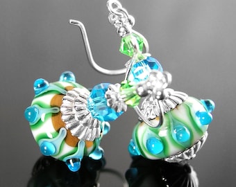 Green Blue Drop Earrings, Sterling Silver, Artisan Handmade Lampwork Glass Dangle Earrings, Unique Colorful Boho Jewelry