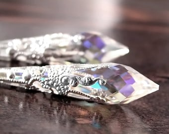 Vintage Swarovski Aurora Borealis Crystal Earrings, Sterling Silver, Long Drop Earrings, April Birthstone, Victorian Style Jewelry
