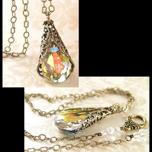 Clear Aurora Borealis Teardrop Necklace, RARE Swarovski Crystal Pendant, Antique Gold Chain & Filigree, Vintage Style Victorian Jewelry image 2