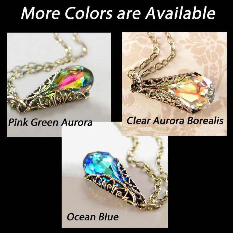 Clear Aurora Borealis Teardrop Necklace, RARE Swarovski Crystal Pendant, Antique Gold Chain & Filigree, Vintage Style Victorian Jewelry image 6