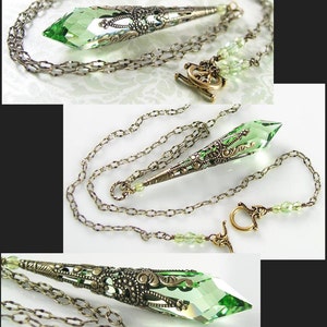 Peridot Green Necklace, RARE Swarovski Crystal Pendant Prism, Antique Gold Brass Bronze, Vintage Victorian Style, August Birthstone Jewelry image 2