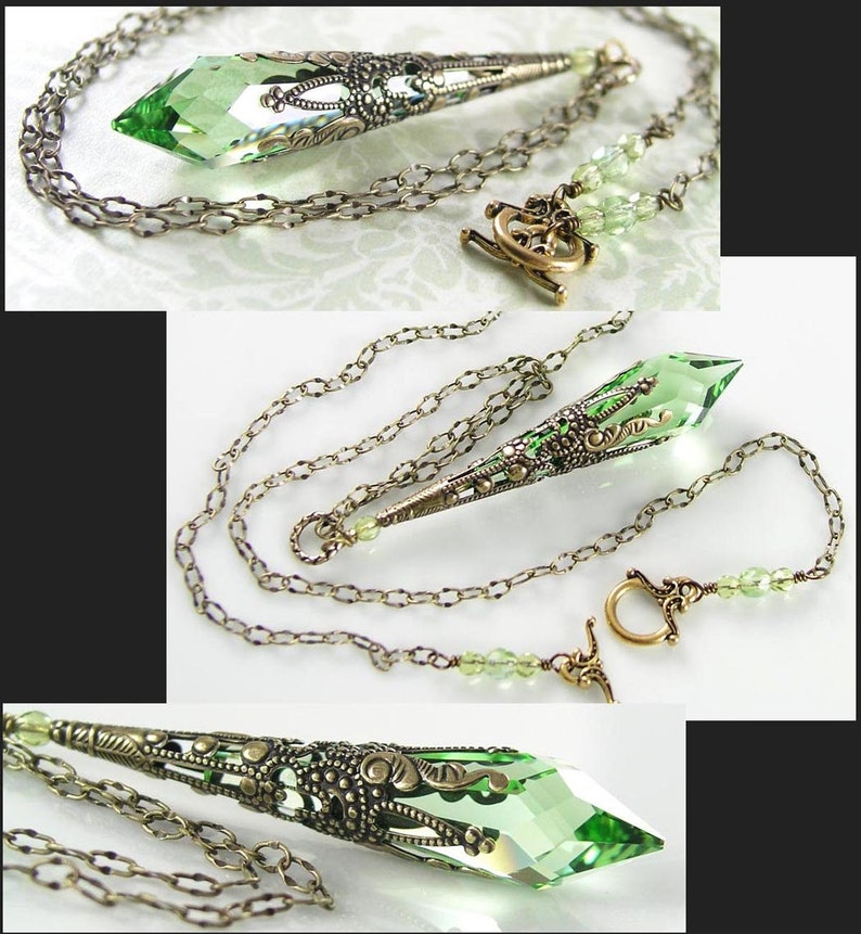 Peridot Green Necklace, RARE Swarovski Crystal Pendant Prism, Antique Gold Brass Bronze, Vintage Victorian Style, August Birthstone Jewelry image 2