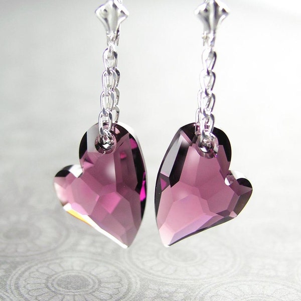 Pendientes colgantes de corazón púrpura de amatista, plata de ley, gota de encanto de cristal Swarovski RARO, piedra de nacimiento de febrero, joyería del día de San Valentín