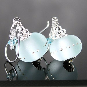 Aquamarine Blue Sea Glass Earrings, Sterling Silver, Light Aquamarine Frosted Seafoam Artisan Lampwork, March Birthstone Jewelry