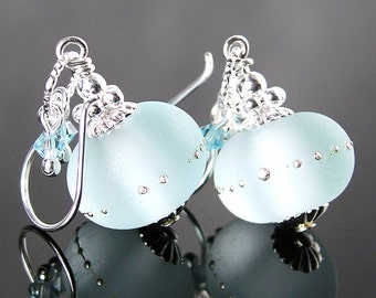 Aquamarine Blue Sea Glass Earrings, Sterling Silver, Light Aquamarine Frosted Seafoam Artisan Lampwork, March Birthstone Jewelry