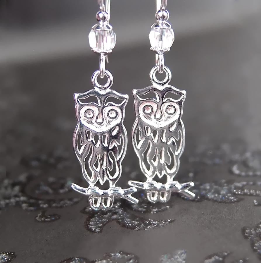 Woodland Owl Dangle Earrings, 925 Sterling Silver Bird Silhouette Charms, Lightweight Dainty Autumn 