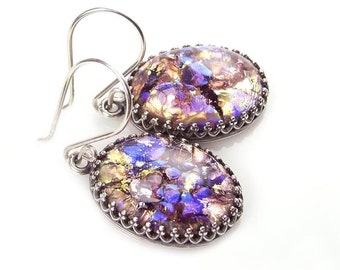 Purple Blue Gold Opal Drop Earrings, Vintage Iridescent Shimmer Czech Glass, Sterling Silver, Victorian Style Antique Silver Brass Bezels