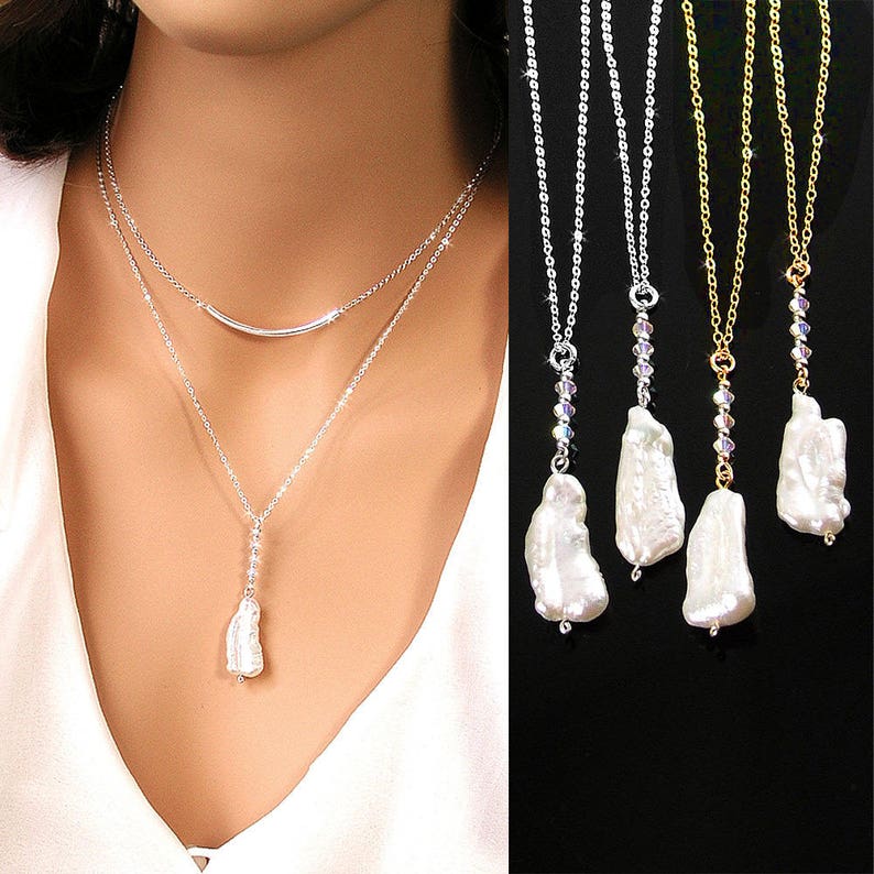 Natural White Biwa Pearl Necklace Sterling Silver 14k Gold Image 0