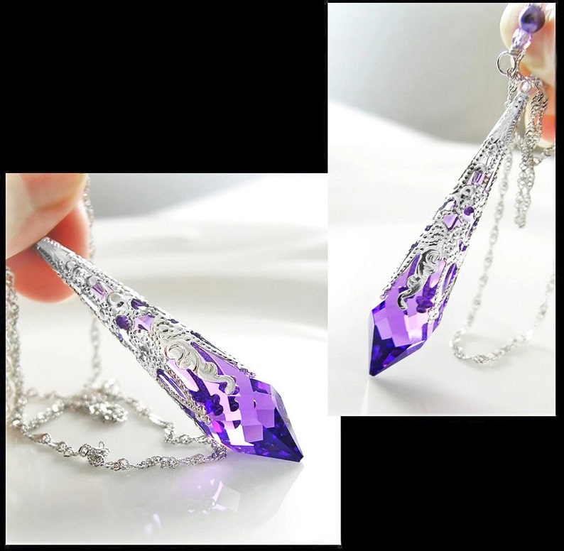 Amethyst Purple Necklace, Sterling Silver, RARE Swarovski Violet Crystal Prism Pendant, Victorian Gift for Her, February Birthstone Jewelry image 2