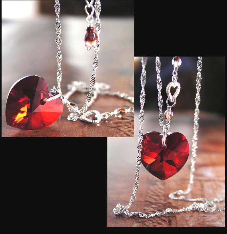 Garnet Red Heart Pendant Necklace, RARE Swarovski Ruby Red Crystal Heart, Sterling Silver, January Birthstone, Valentines Day Jewelry image 3