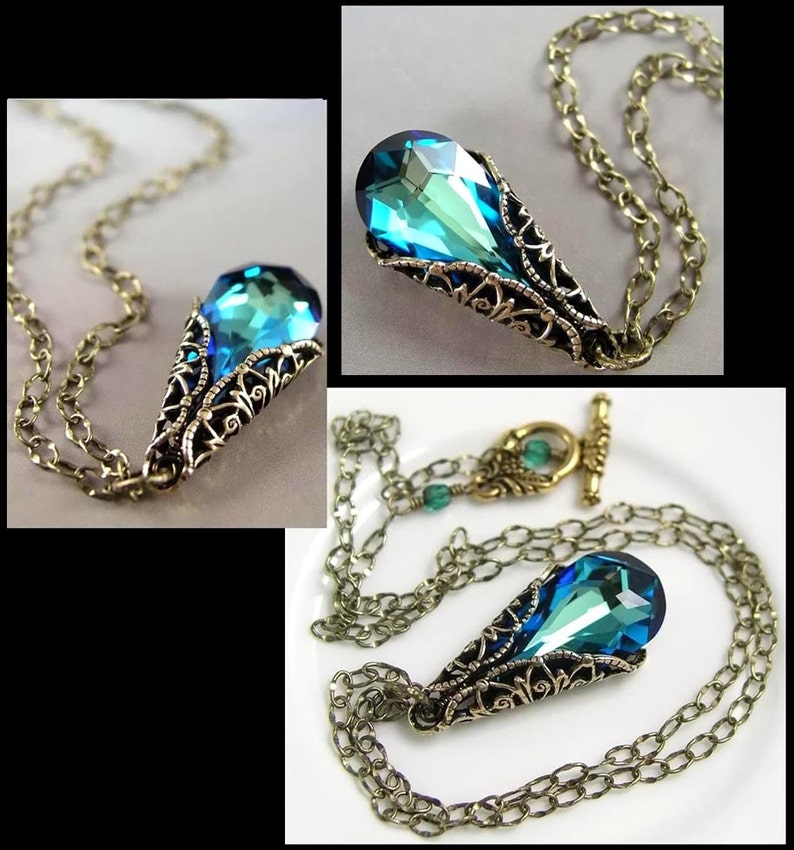 Ocean Blue Crystal Teardrop Necklace, RARE Swarovski Crystal, Aqua Peacock Blue Pendant, Antique Gold Filigree, Victorian Style Jewelry image 4