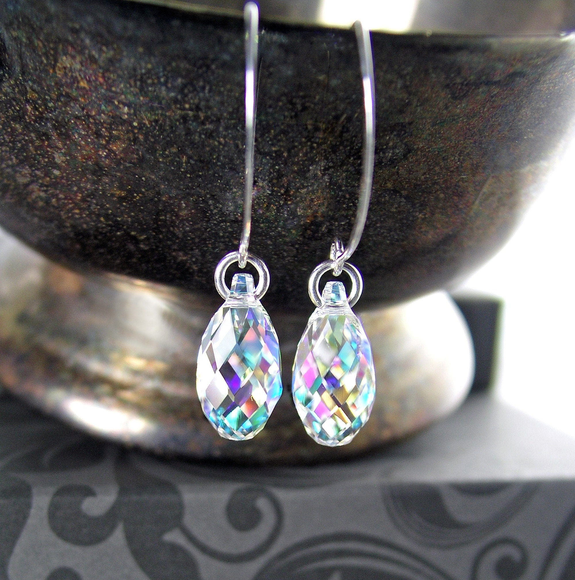 Aurora Borealis Teardrop Earrings, Sterling Silver, Swarovski Crystal Drop Dangle Earrings, Clear AB Northern Lights, Jewelry Gift For Her