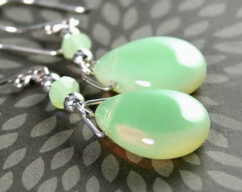 Opal Green Teardrop Earrings, Sterling Silver, Light Milky Green Bohemian Glass Drop Dangle Earrings, Artisan Handmade Glass Jewelry