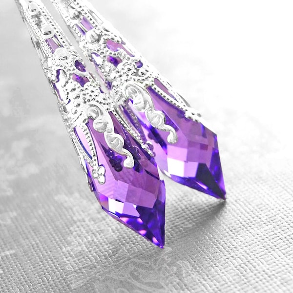 Swarovski Purple Crystal Earrings, Sterling Silver, Amethyst Earrings, Long Dangle Drop Earrings, February Birthstone, Victorian Jewelry