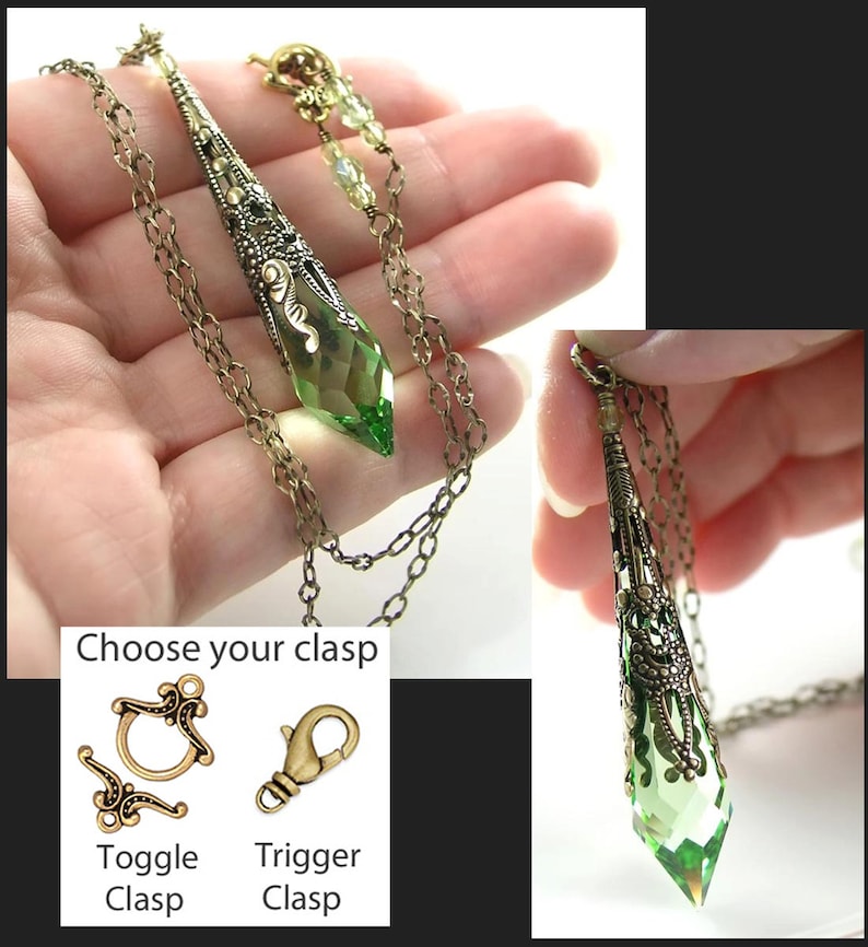 Peridot Green Necklace, RARE Swarovski Crystal Pendant Prism, Antique Gold Brass Bronze, Vintage Victorian Style, August Birthstone Jewelry image 4