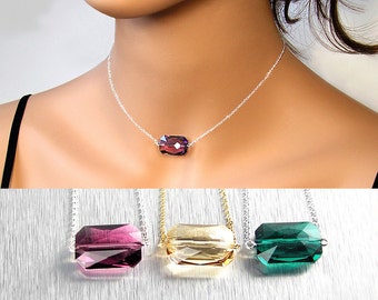 Emerald Cut Swarovski Crystal Pendant Necklace, Sterling Silver, 14K Gold Fill, Amethyst Purple, Golden Silk, Geometric Jewelry