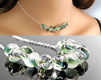 Green Sea Glass Necklace, Sterling Silver, Sea Green Teardrop Bead Necklace, Artisan Handmade Glass Droplets, Beach Trend Jewelry