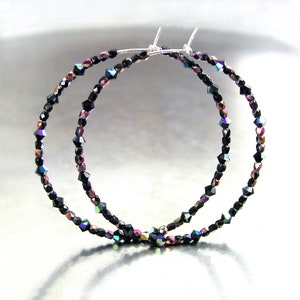 Black Aurora Borealis Swarovski Crystal Hoops • Sterling Silver Beaded Earrings • Dainty Sparkly Jewelry Gift for Her