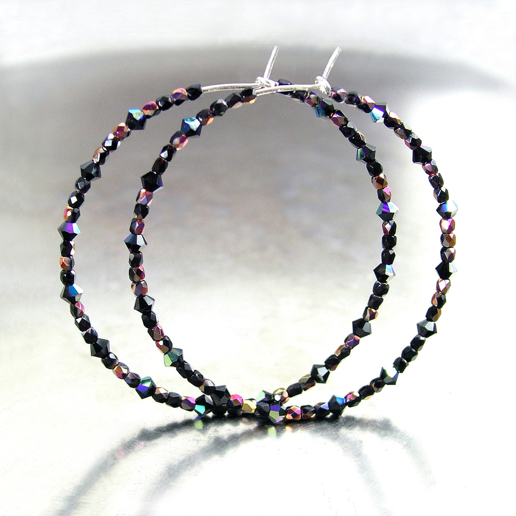 Black Aurora Borealis Swarovski Crystal Hoops * Sterling Silver Beaded Earrings * Dainty Sparkly Jewelry Gift for Her