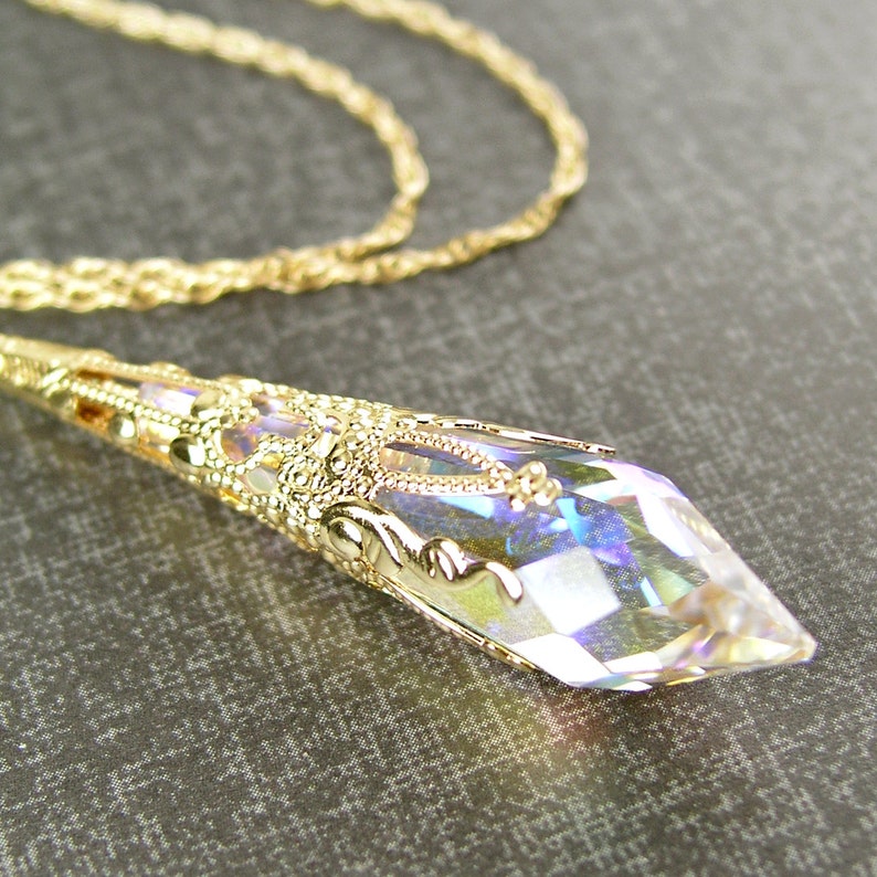 Gold Clear Crystal Necklace Aurora Borealis Swarovski Image 0