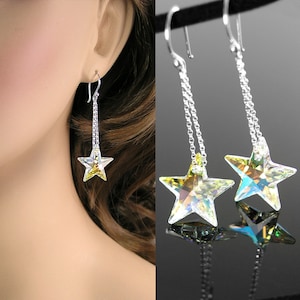 Clear AB Crystal Star Drop Earrings, Sterling Silver, RARE Swarovski Aurora Borealis Crystal Charm Dangle, Galaxy Celestial Jewelry