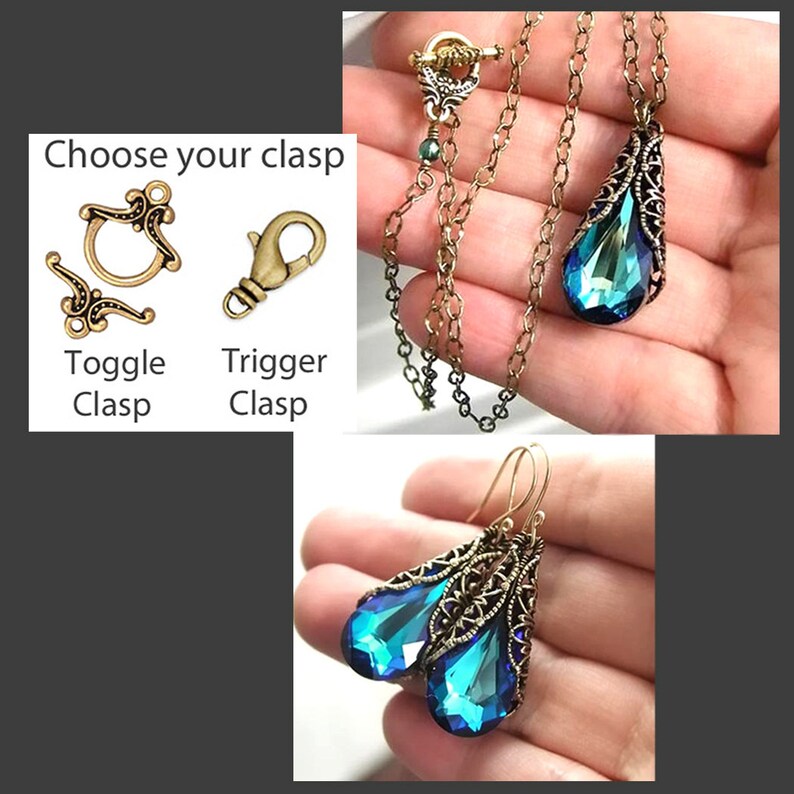 Ocean Blue Crystal Teardrop Necklace, RARE Swarovski Crystal, Aqua Peacock Blue Pendant, Antique Gold Filigree, Victorian Style Jewelry image 2