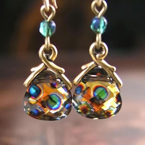 Pfauenauge Goldtropfen Ohrringe, SELTENer Swarovski Kristall Anhänger Charm, Bunt Grün Blau Orange Ohrhaken Bild 1