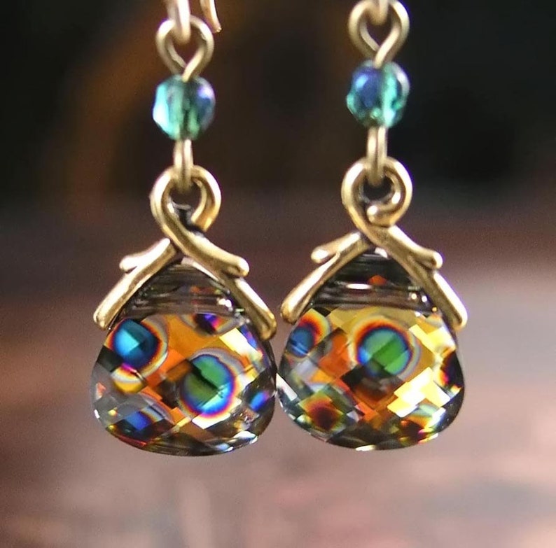 Pfauenauge Goldtropfen Ohrringe, SELTENer Swarovski Kristall Anhänger Charm, Bunt Grün Blau Orange Ohrhaken Bild 1