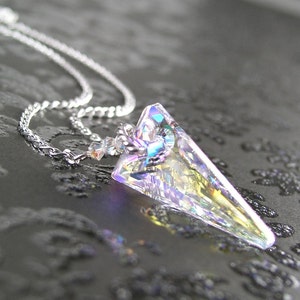 Clear Crystal Spike Necklace, Sterling Silver Necklace, Aurora Borealis Necklace, Swarovski Crystal Spike Pendant Necklace  Prism