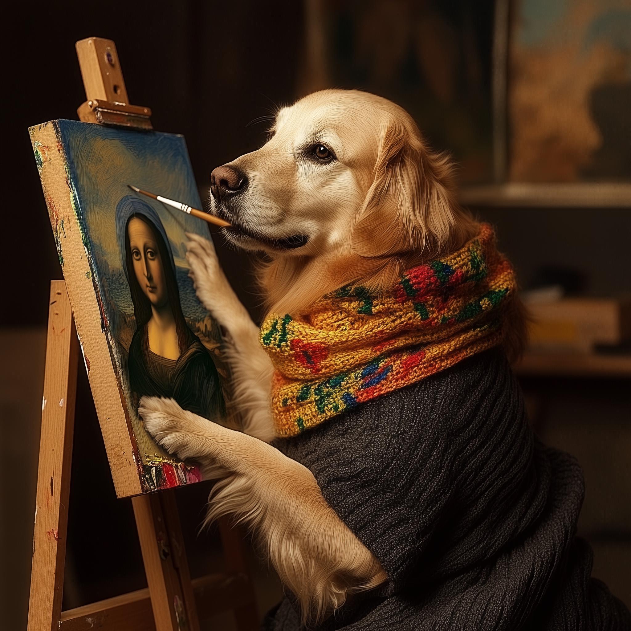 Digitaldruck eines Hundes, der die Mona Lisa malt
