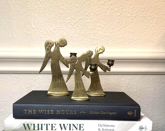 Vintage Brass Angel Candlestick Holders, Set of Three