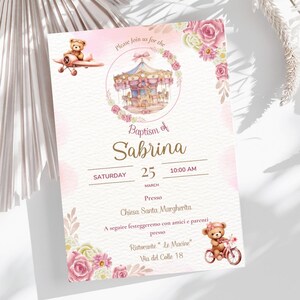 INVITO DIGITALE personalizzabile per battesimo- PDF stampabile - invito bambina- design carino per battesimo - invito digitale- orsetti