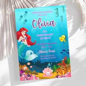 Invito DIGITALE PERSONALIZZABILE per Festa di COMPLEANNO–Tema Sirenetta– Modello Modificabile in Canva – Facile da Personalizzare e Stampare