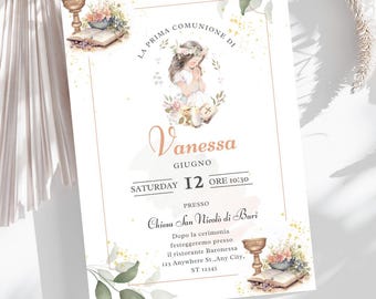 INVITACIÓN DIGITAL de Comunión Floral Elegante - Diseño Personalizable con Canva - Impresión Elegante en PDF - Invitación de Comunión para Niñas