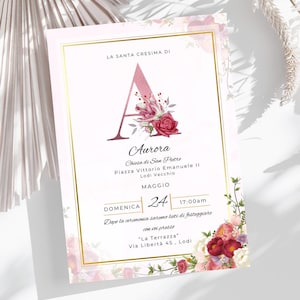 INVITO CRESIMA digitale – Lettera Iniziale a Scelta - invito personalizzabile - invito stampabile - rosa- DIGITALE