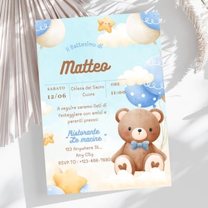 INVITO DIGITALE personalizzabile per battesimo- PDF stampabile - invito bambino- design carino per battesimo - invito digitale orsetto