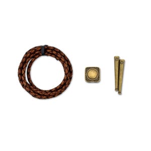May include: A brown braided leather cord, a square gold-colored metal clasp, and two gold-colored metal decorative pieces are displayed on a white background. The cord is coiled, and the clasp has a circular center.