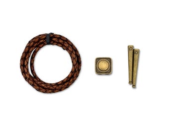 May include: A brown braided leather cord, a square gold-colored metal clasp, and two gold-colored metal decorative pieces are displayed on a white background. The cord is coiled, and the clasp has a circular center.